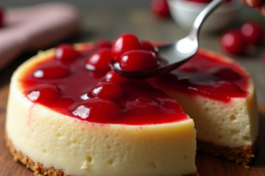 A spoon layering cherry topping onto a fully chilled cheesecake.