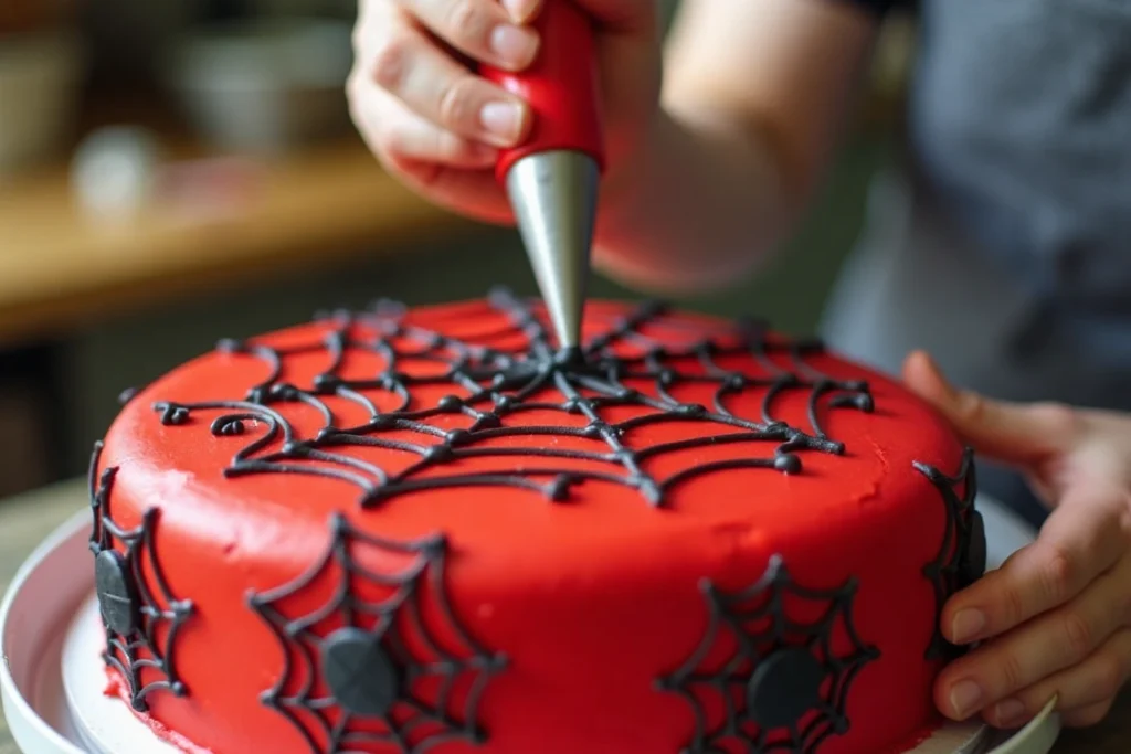 A Spider-Man cake being decorated with black frosting spider webs using a piping bag.