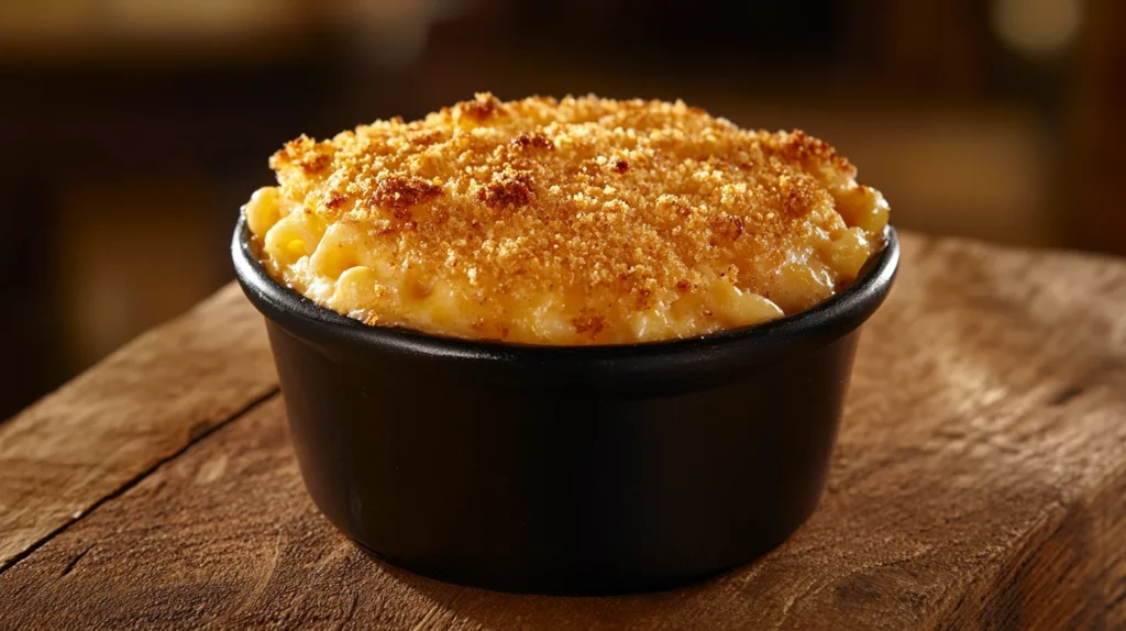 A close-up of a ramekin of baked mac and cheese topped with breadcrumbs.