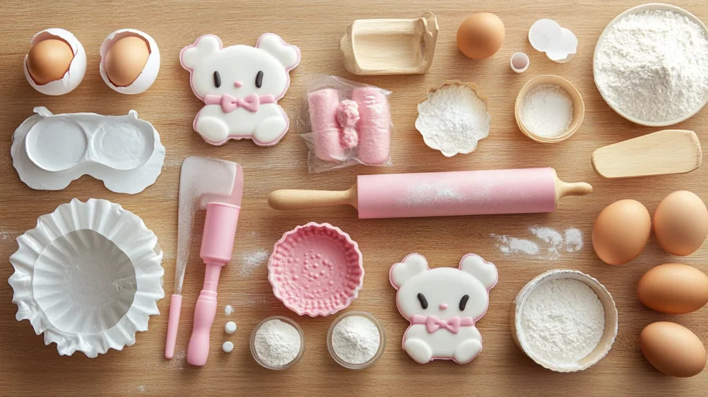 Baking tools and ingredients for Hello Kitty cake
