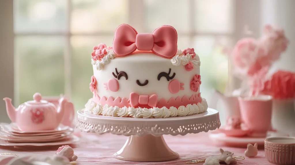 Finished Hello Kitty cake on a decorative stand