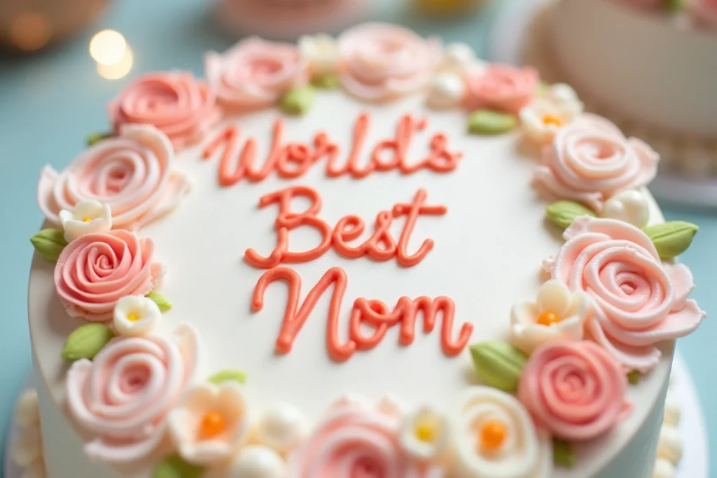 A close-up of a birthday cake with “World’s Best Mom” written on it.