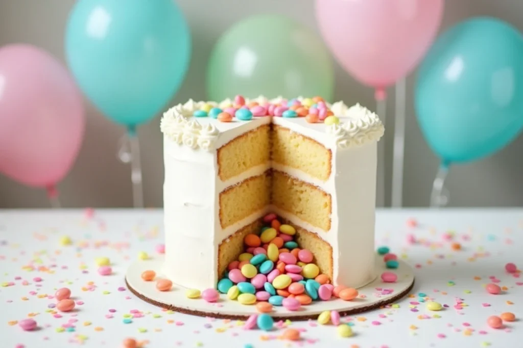 Gender reveal cake with candy spilling out.