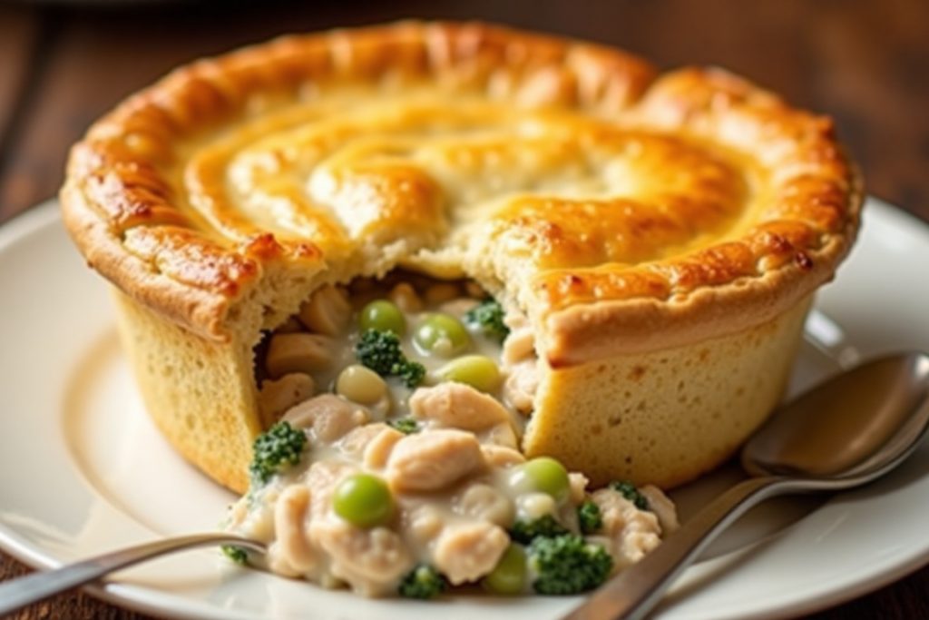 A comforting dish of chicken pot pie made with leftover rotisserie chicken.