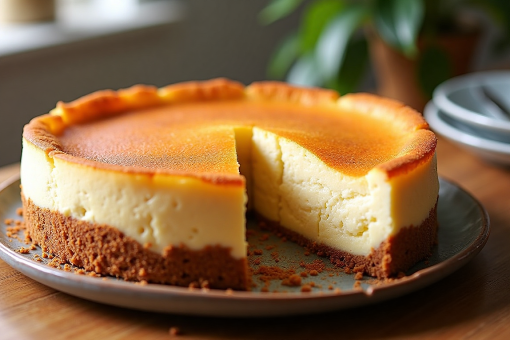 A whole churro cheesecake topped with cinnamon-sugar on a serving plate.