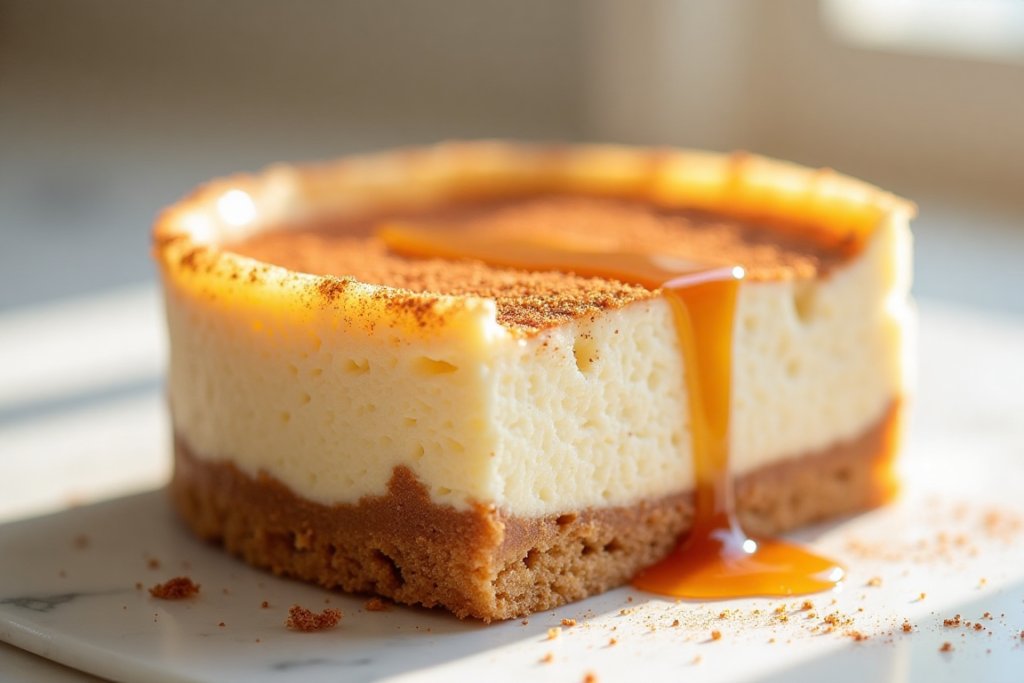 A churro cheesecake topped with evenly spread cinnamon-sugar and a hint of caramel drizzle.