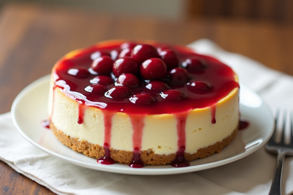 A whole cherry cheesecake on a plate with a glossy red cherry topping.