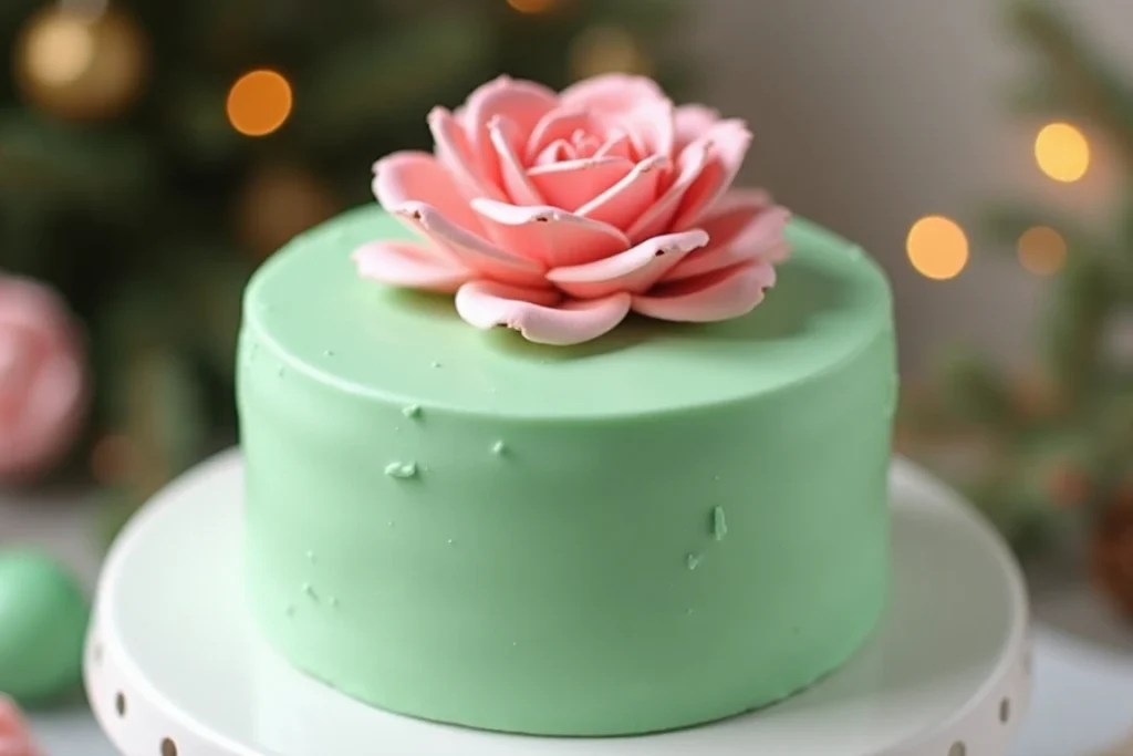 A classic Swedish princess cake with green marzipan and a marzipan rose on top.