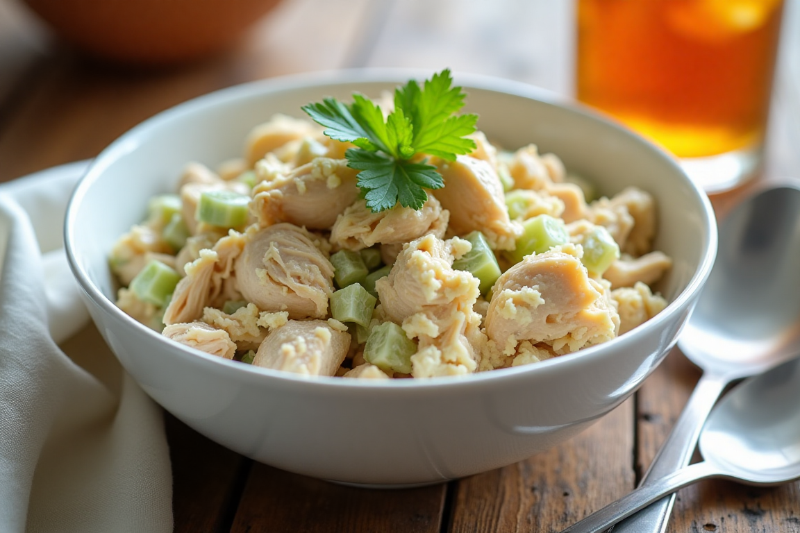 A bowl of fresh homemade chicken salad on a wooden table.