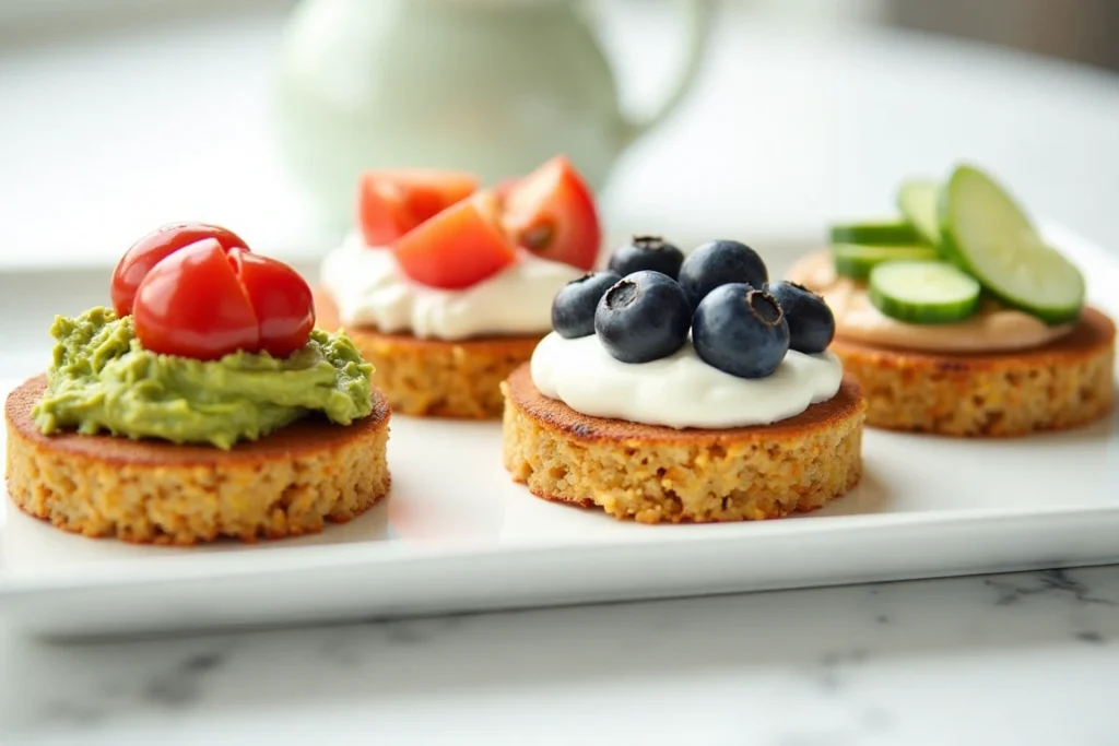 Rice cakes with different toppings: avocado and tomato, yogurt with berries, and hummus with cucumber slices.