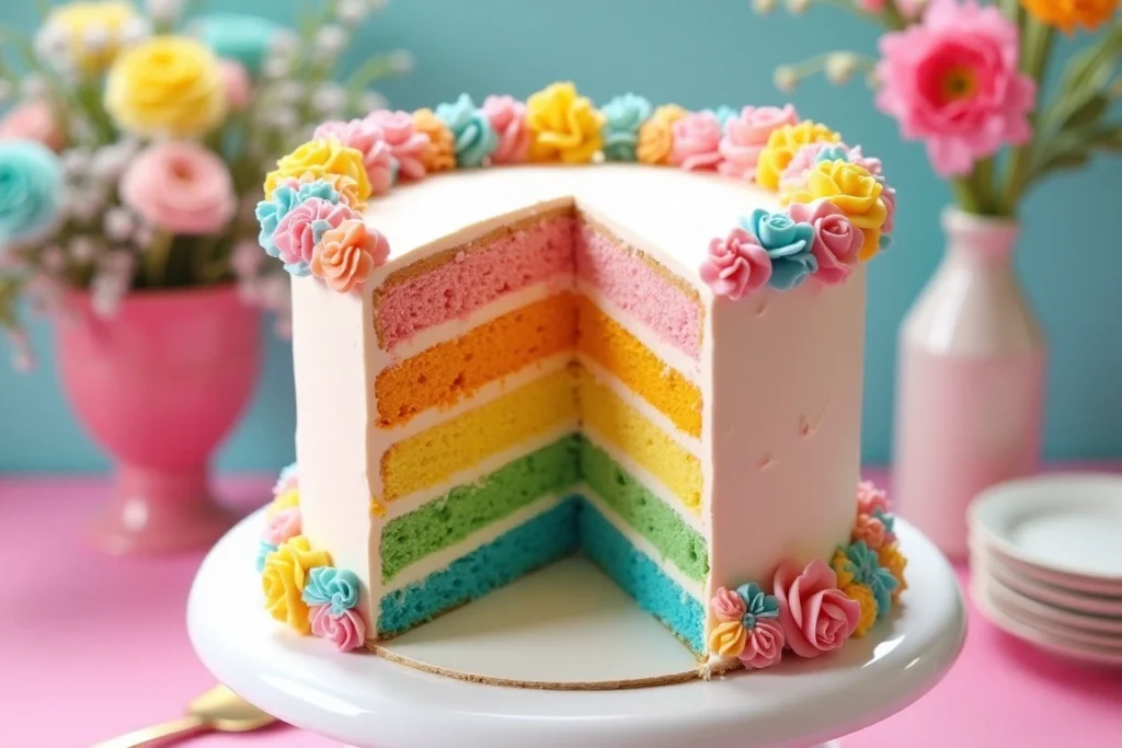 A rainbow-themed princess cake with marzipan roses in various colors.