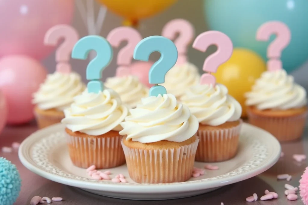 Gender reveal cupcakes on a festive tray.