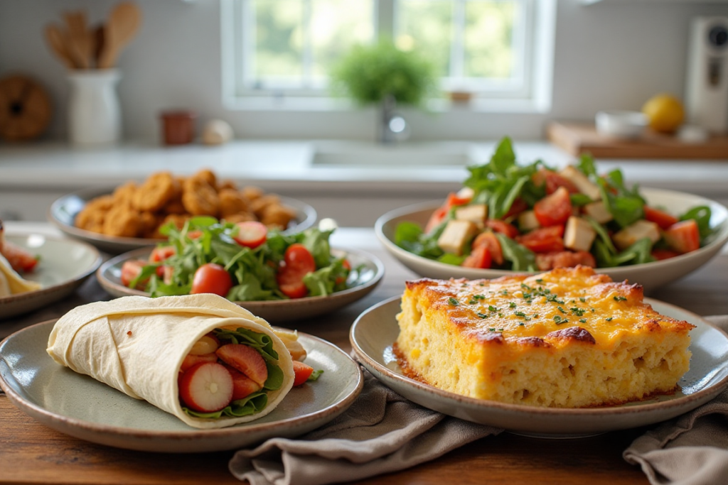 A variety of dishes made with leftover rotisserie chicken, such as wraps, salads, and casseroles.