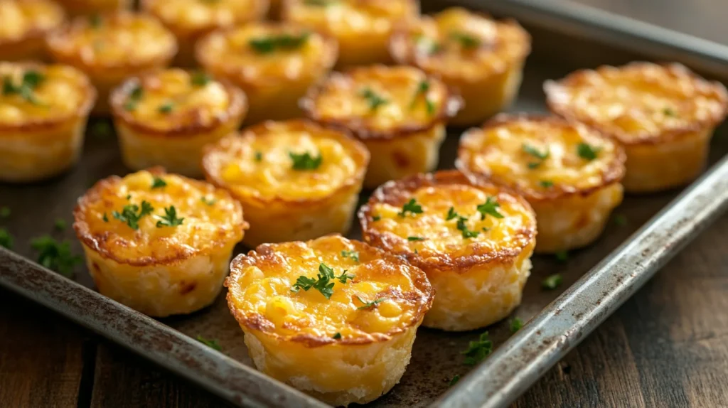 A tray of mini mac and cheese bites garnished with parsley.