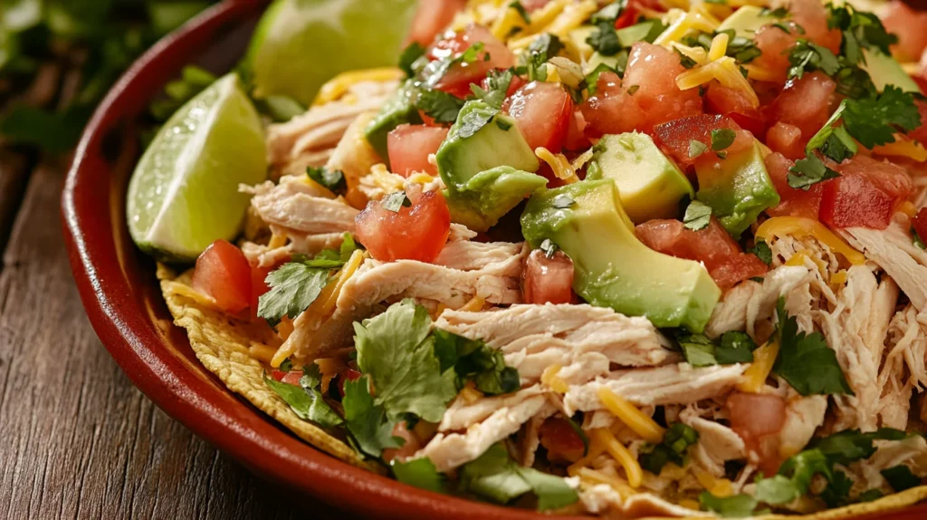 A plate of chicken tacos filled with shredded rotisserie chicken and fresh toppings.
