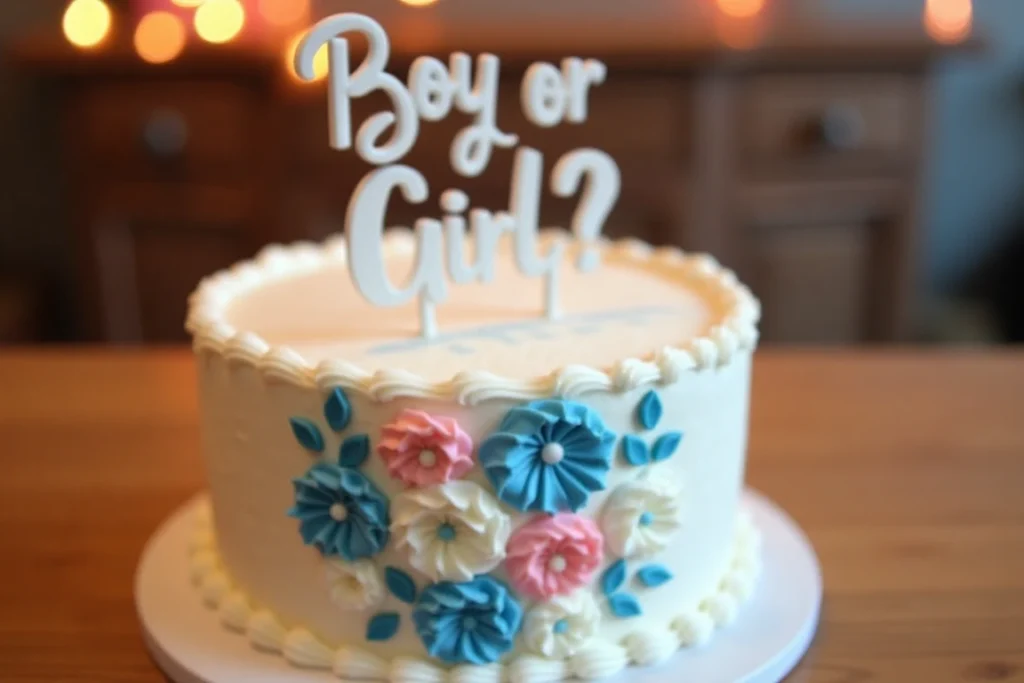 Gender reveal cake with blue and pink decorations.