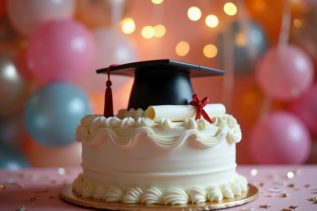 A beautiful graduation cake with a cap and diploma design