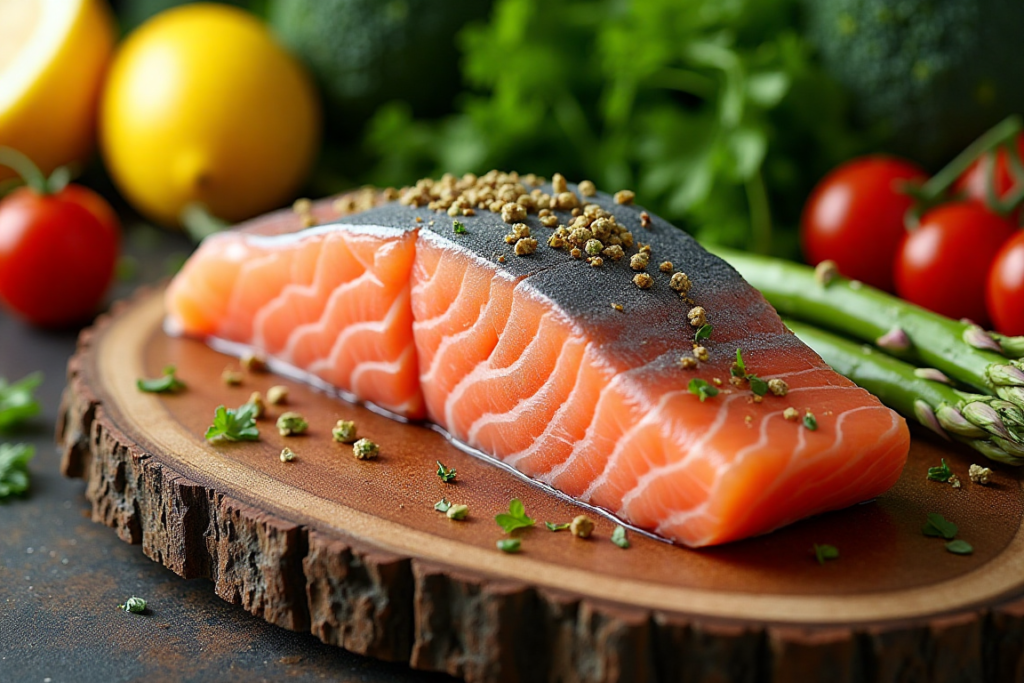 Raw silver salmon fillet surrounded by fresh vegetables