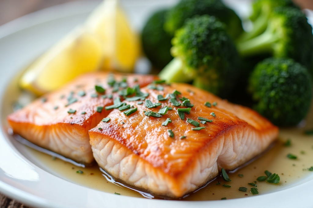 Steamed silver salmon with broccoli and lemon slices