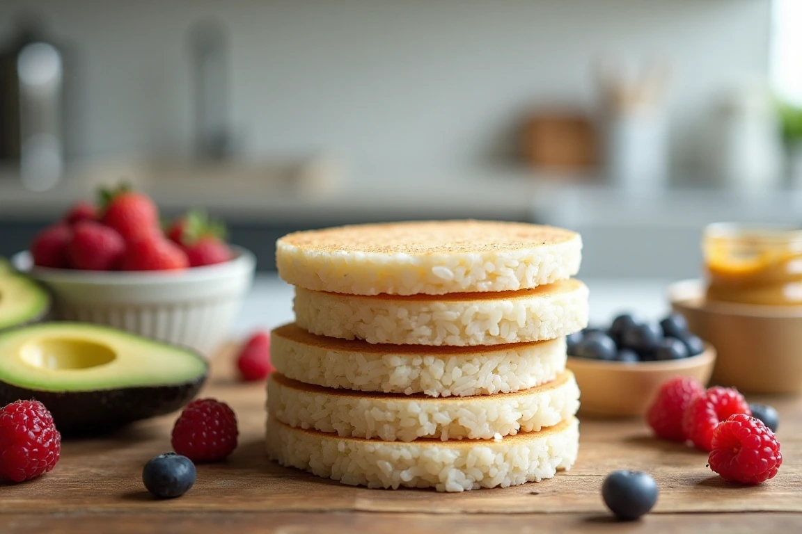 A stack of rice cakes on a wooden table surrounded by avocado slices, berries, peanut butter, and hummus.