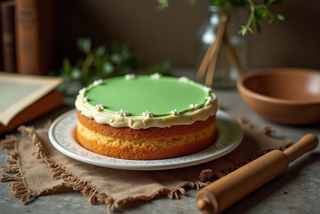 A vintage-style setup with a princess cake, an old cookbook, and classic baking tools.