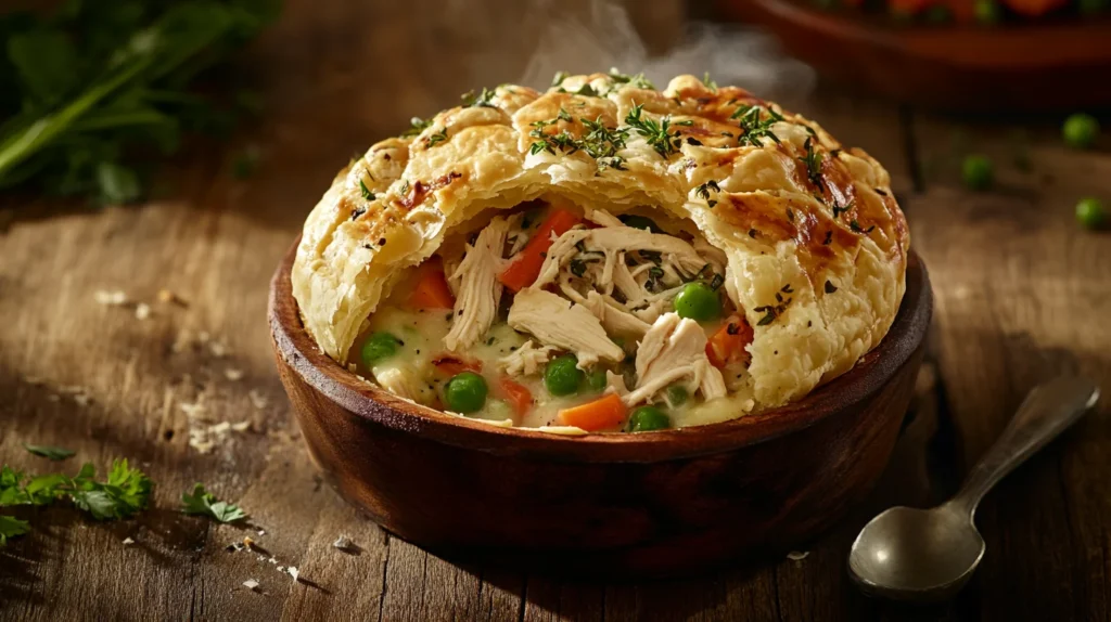 A comforting dish of chicken pot pie made with leftover rotisserie chicken.