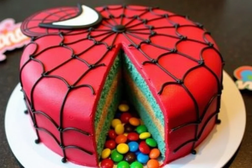 A slice of Spider-Man cake with colorful M&M’s spilling out.