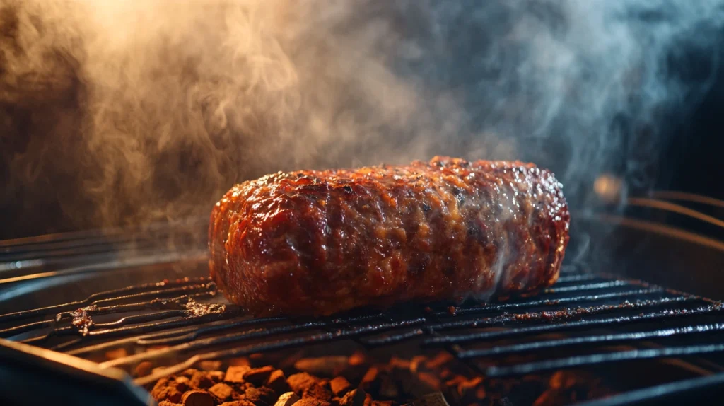 Meatloaf sitting on a smoker rack surrounded by light smoke, with wood chips and a water pan below.