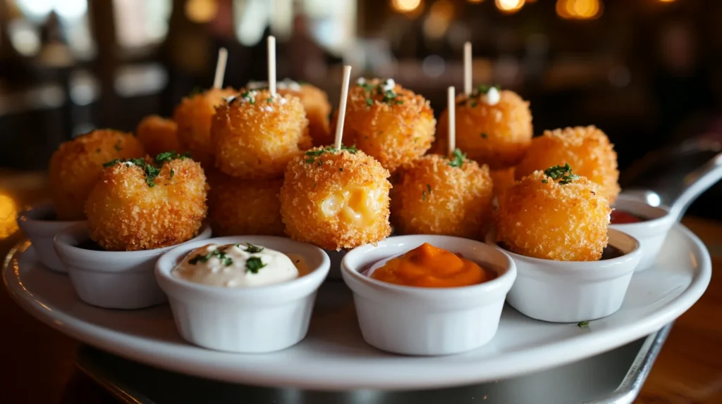 Mini mac and cheese bites served with dipping sauces.