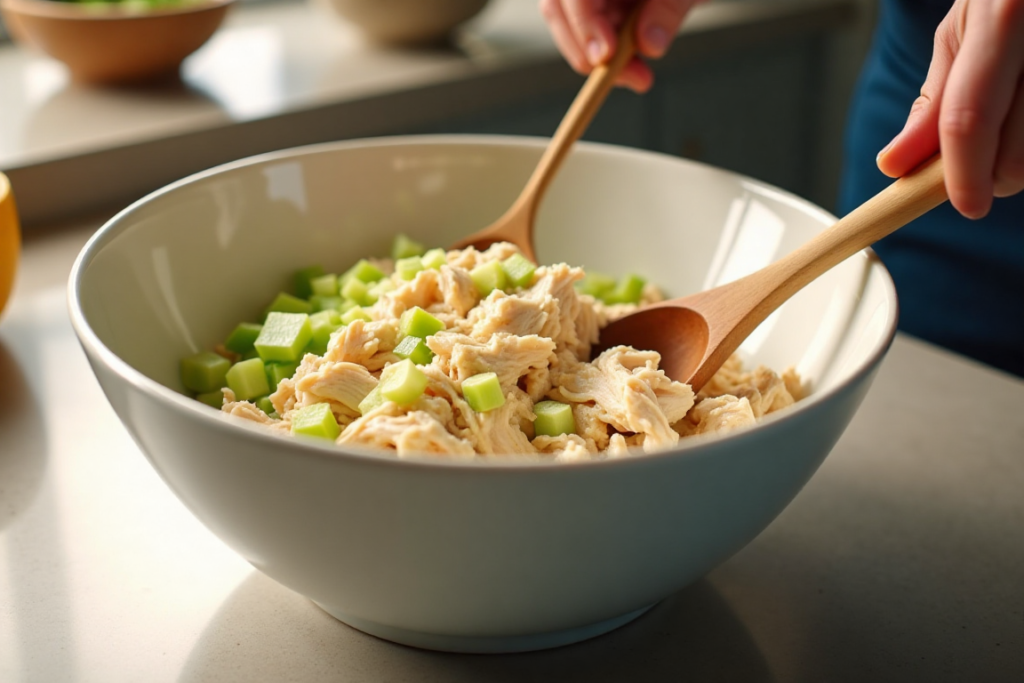 Mixing chicken salad ingredients in a large bowl.