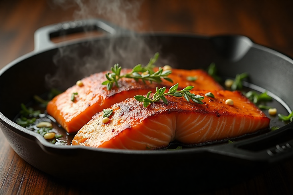 Pan-seared silver salmon in a cast-iron skillet