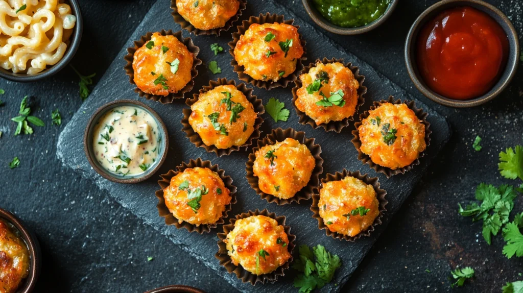 Mini mac and cheese bites served with dipping sauces.