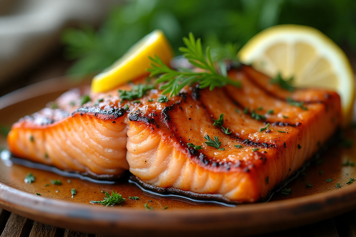 Grilled silver salmon fillet with fresh lemon and herbs