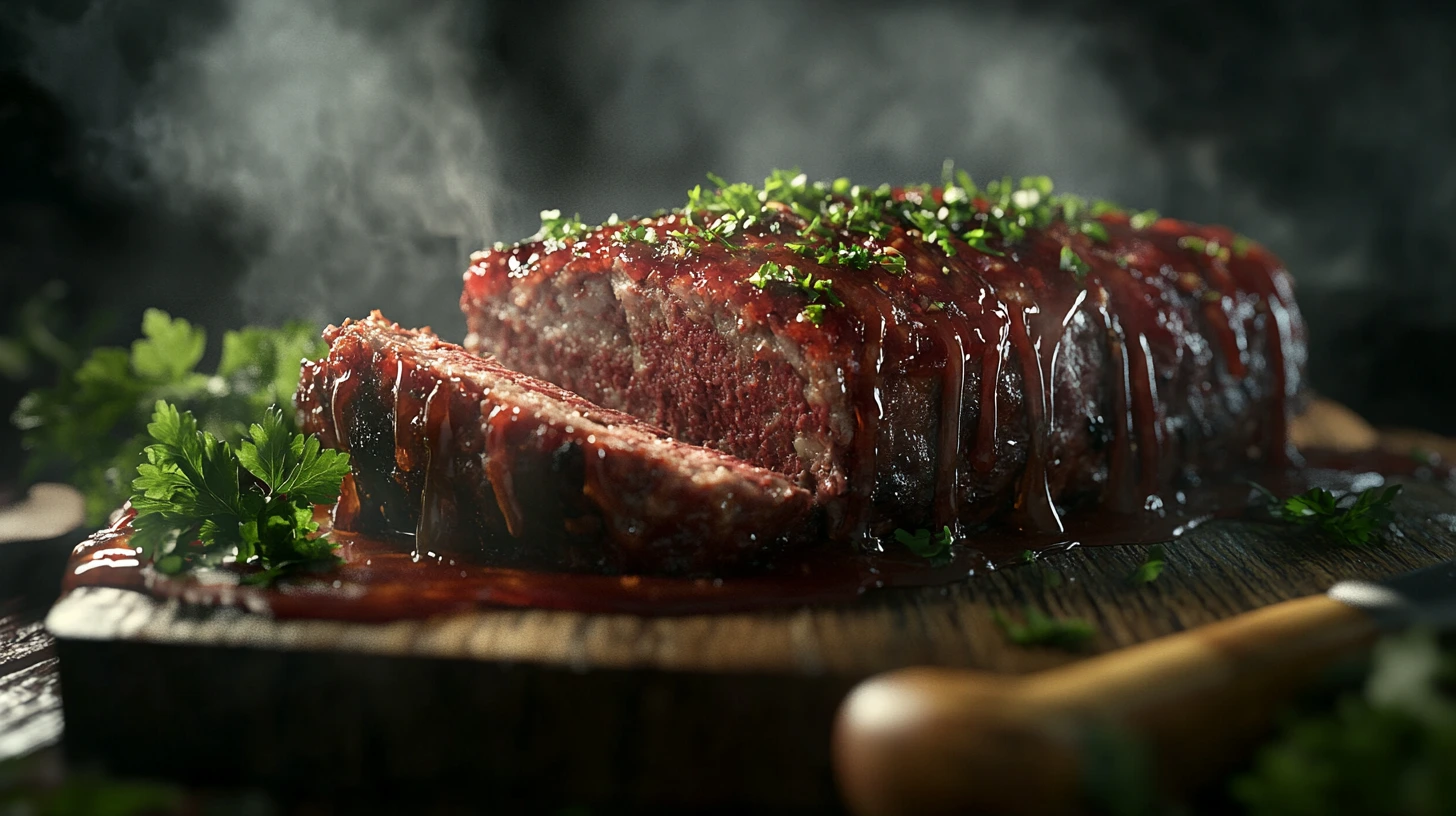 Smoked meatloaf sliced and served on a rustic wooden board, garnished with fresh parsley and a caramelized glaze.