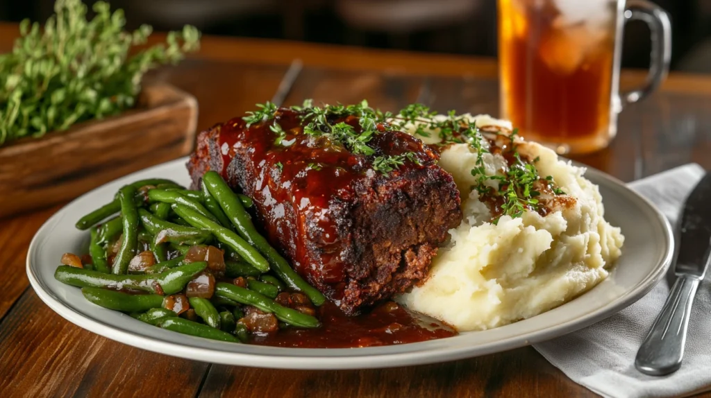 Smoked meatloaf served with mashed potatoes and green beans on a rustic table.