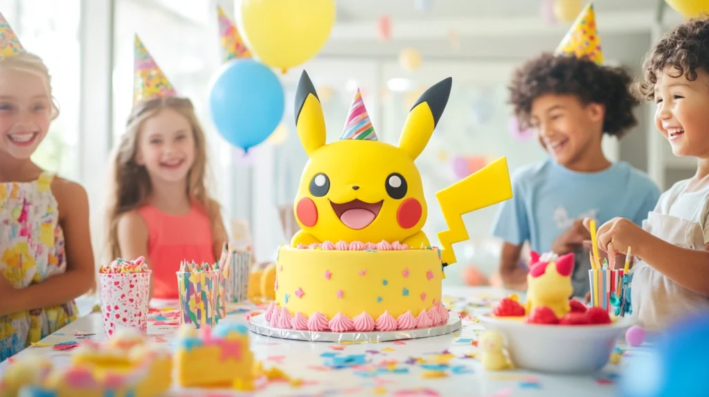 A child’s birthday party featuring a Pikachu-themed cake.