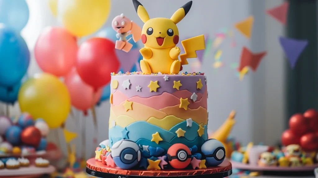 A vibrant Pokémon-themed cake with Pikachu and Pokéball decorations.