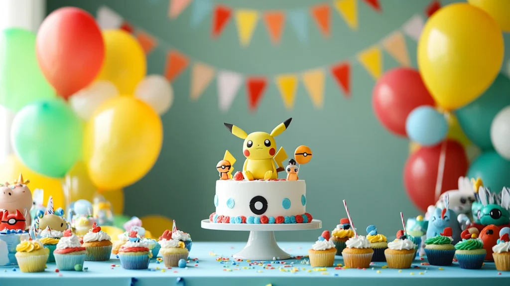 A party table featuring a Pokémon cake and themed decorations.