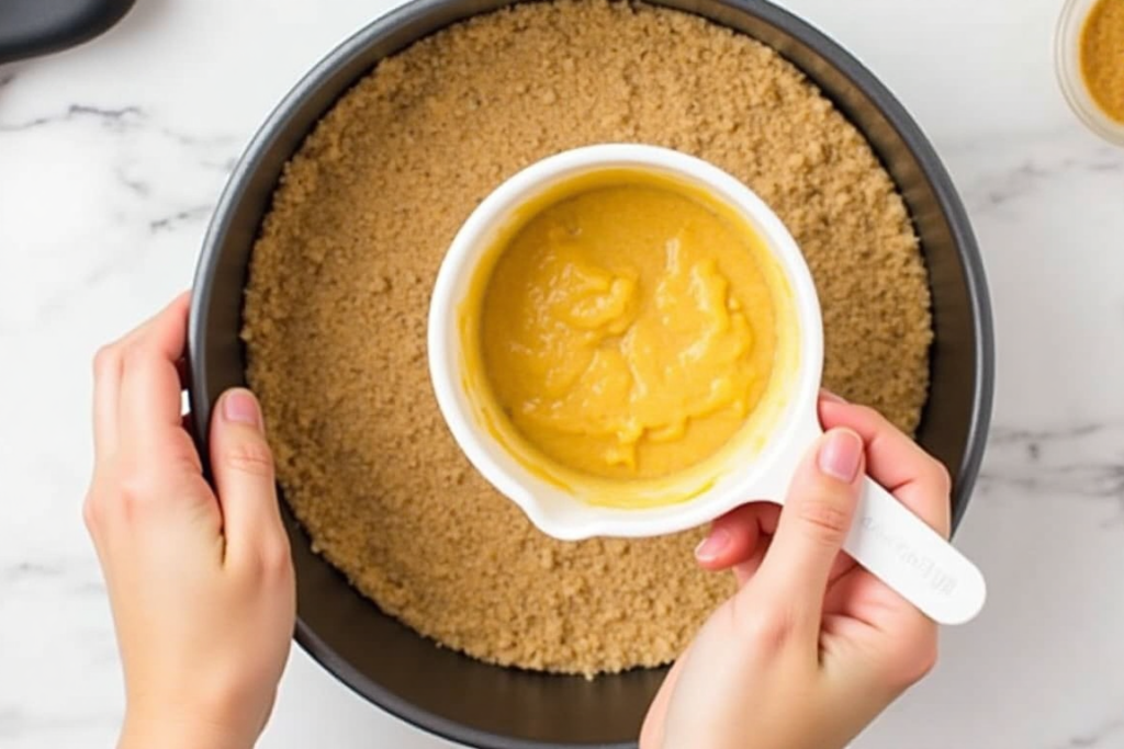 Pressing graham cracker crumbs into a springform pan for the cheesecake crust.