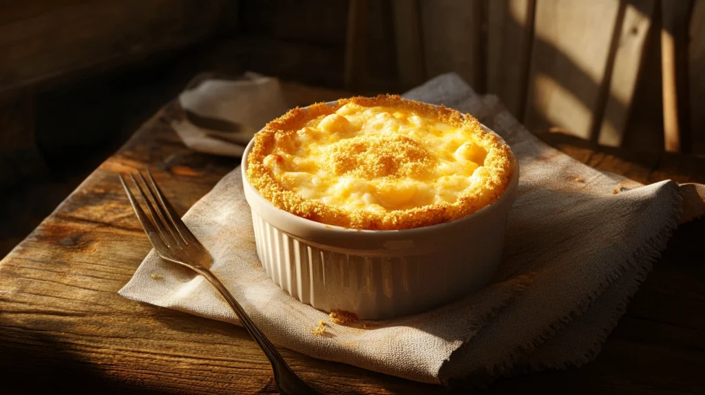 A close-up of a ramekin of baked mac and cheese topped with breadcrumbs.