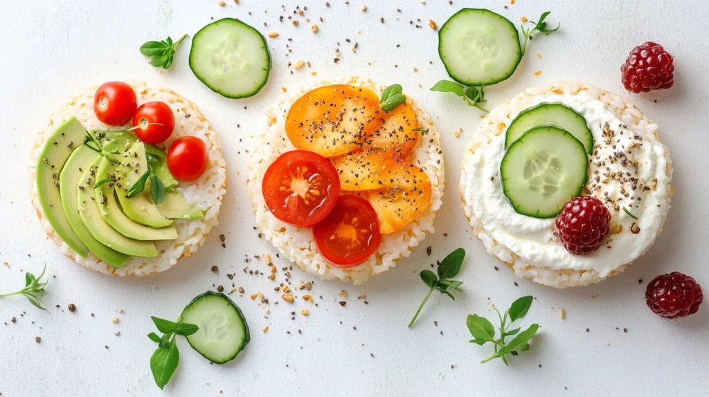 Rice cakes with different toppings: avocado and tomato, yogurt with berries, and hummus with cucumber slices.