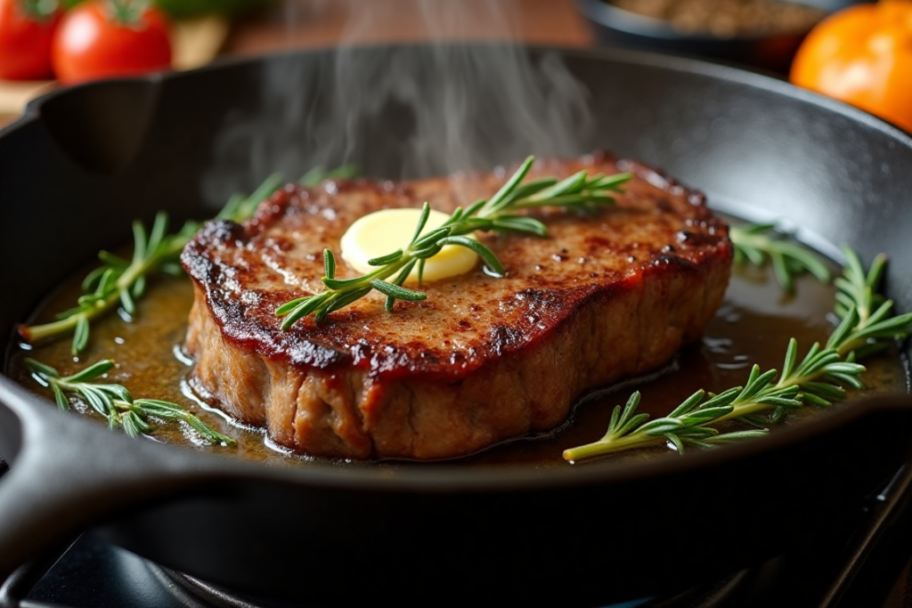 A sizzling steak in a cast-iron skillet with butter and fresh rosemary.