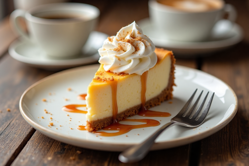 A slice of churro cheesecake served on a white plate with whipped cream and caramel drizzle.