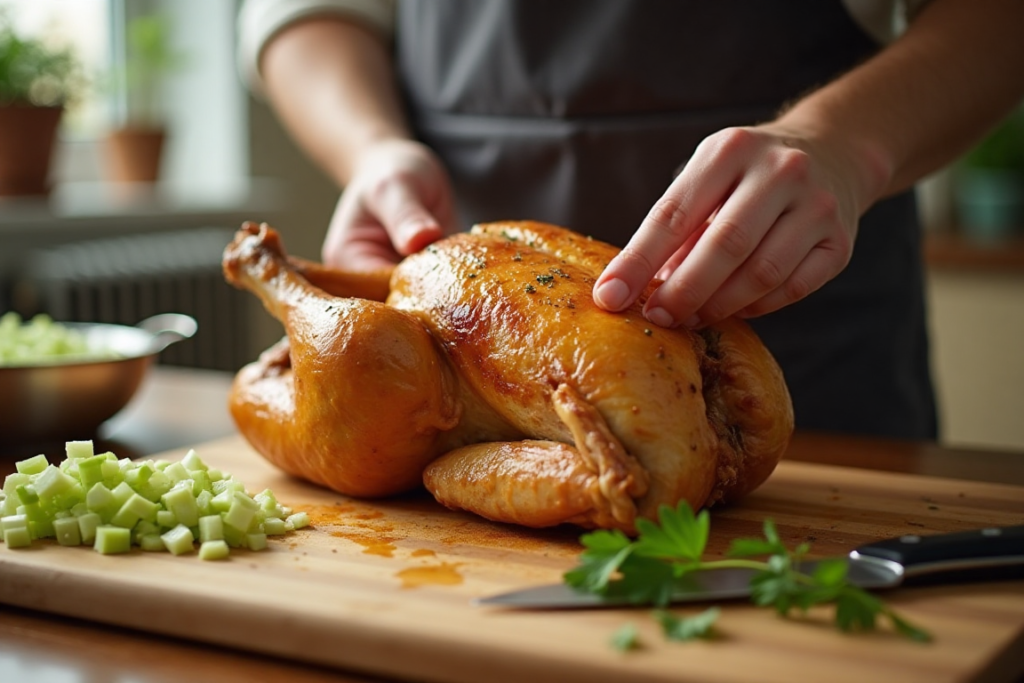 A rotisserie chicken being shredded on a cutting board.