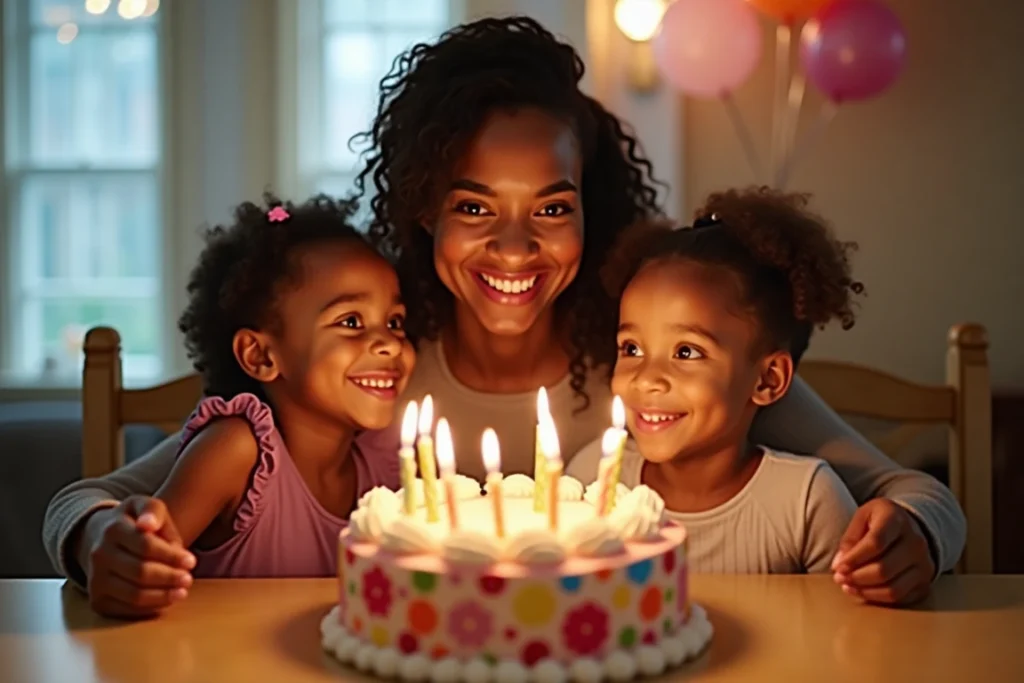 A single mom enjoying her birthday cake with her children.