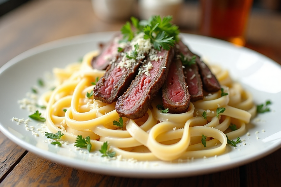 A plate of Steak Alfredo with creamy pasta and sliced steak garnished with parsley.