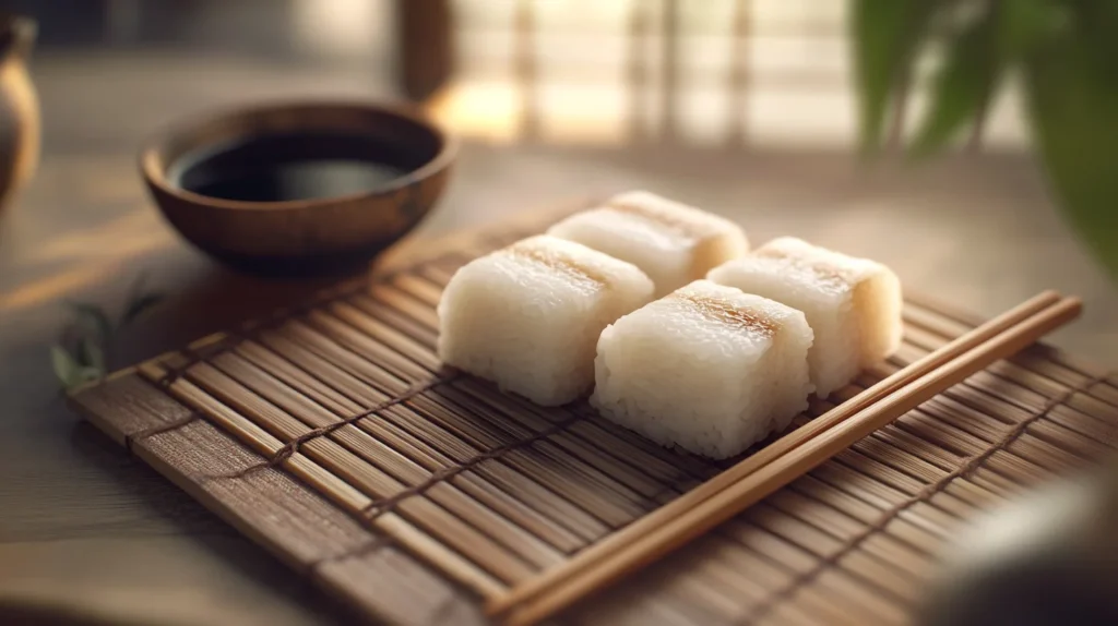 Sticky rice cakes on a bamboo mat with chopsticks and soy sauce in an Asian-inspired setting.