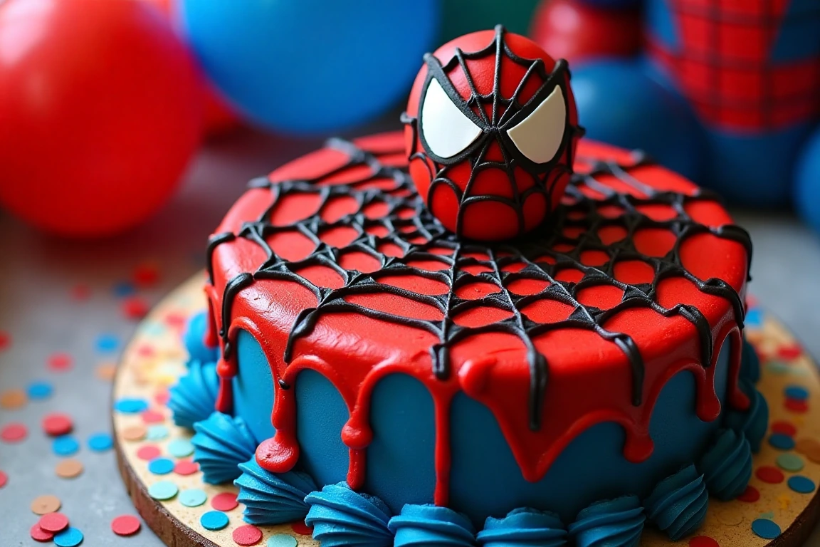 A stunning Spider-Man-themed birthday cake on a table with a Spider-Man figurine.