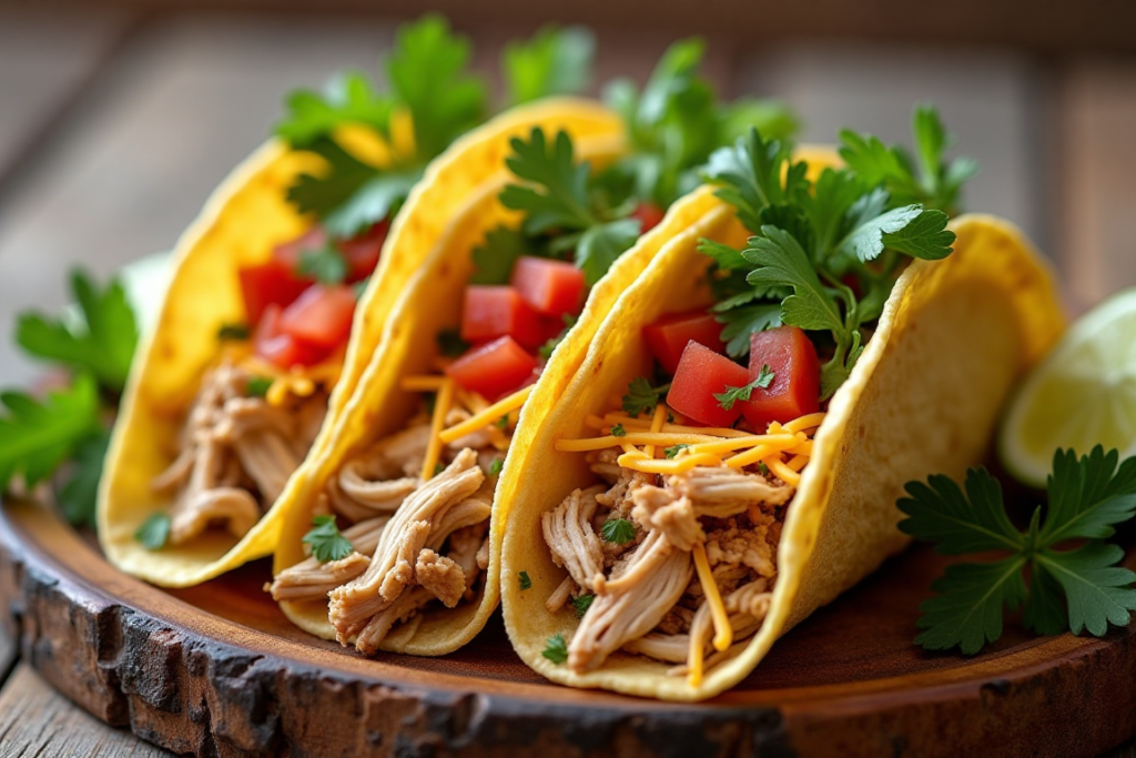 A plate of chicken tacos filled with shredded rotisserie chicken and fresh toppings.