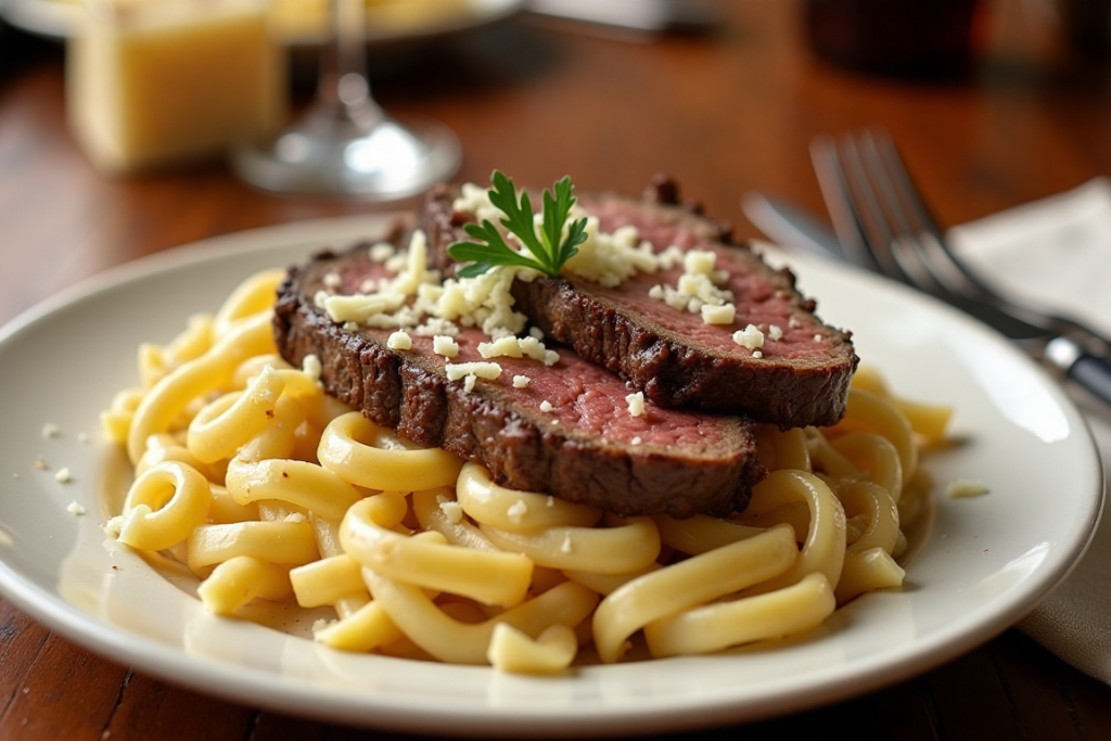 Steak Alfredo plated with parsley and Parmesan shavings as garnish.